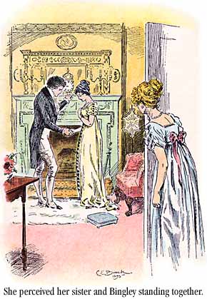 [She [Elizabeth] perceived her sister and Bingley standing together.]